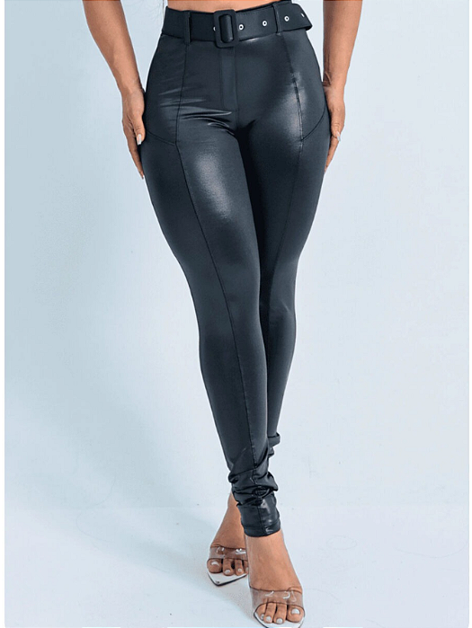 Calça Feminina Couro Cirré Detalhes Frisos Com Cinto