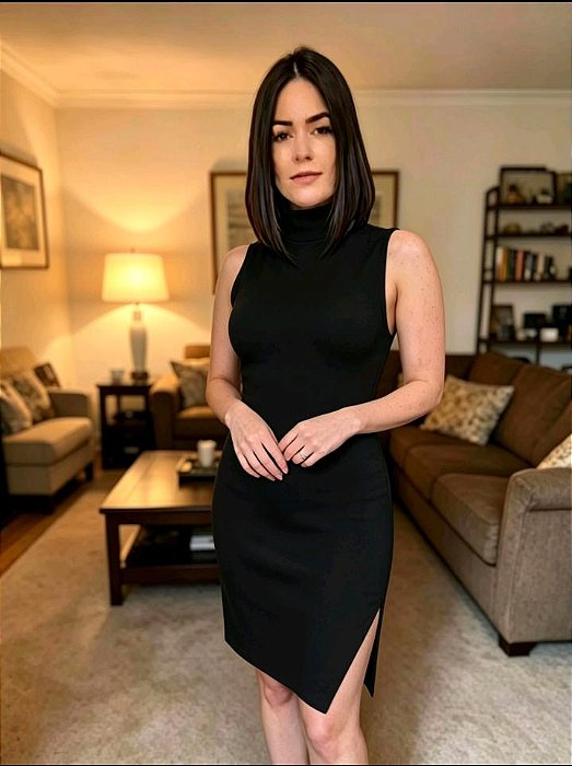 Vestido Milena Midi Tubinho Canelado Liso Gola Alta Fenda Lateral