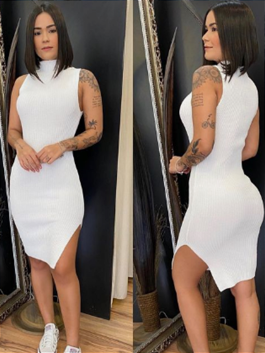 Vestido Milena Midi Tubinho Canelado Liso Gola Alta Fenda Lateral
