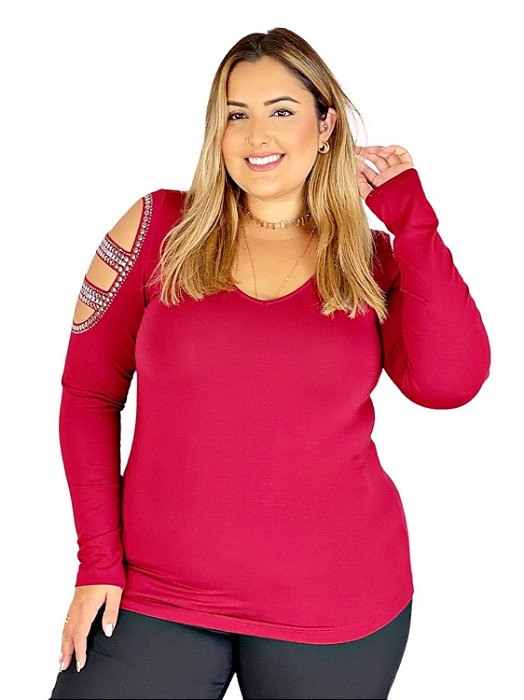 Blusa Plus Size Em Visco Liso Com Manga Longa E Detalhes Manga 6032