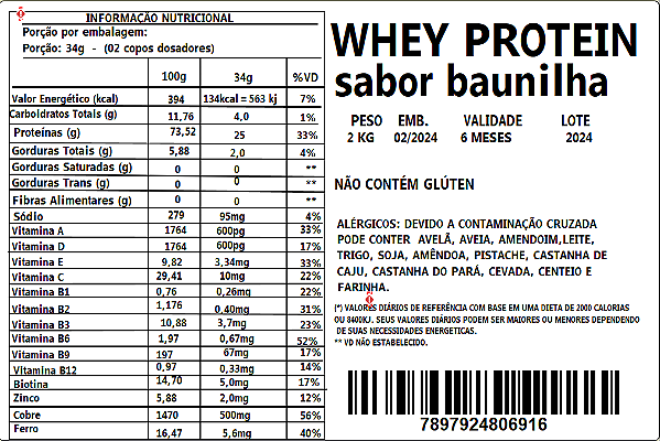 BAUNILHA WHEY PROTEIN 34 CONCENTRADO A GRANEL 100G
