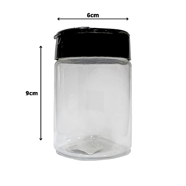 POTE REDONDO PLASTICO 250ML COM TAMPA PRETA TRIPARTIDA 6 X 9 CM