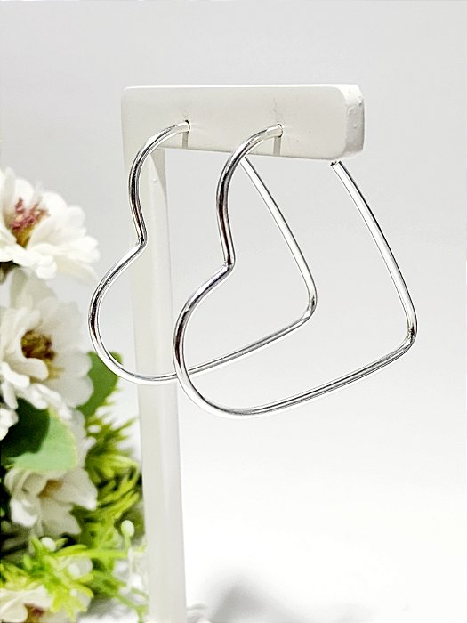 Argola de Coração Lisa, Prata 925 - 4 cm
