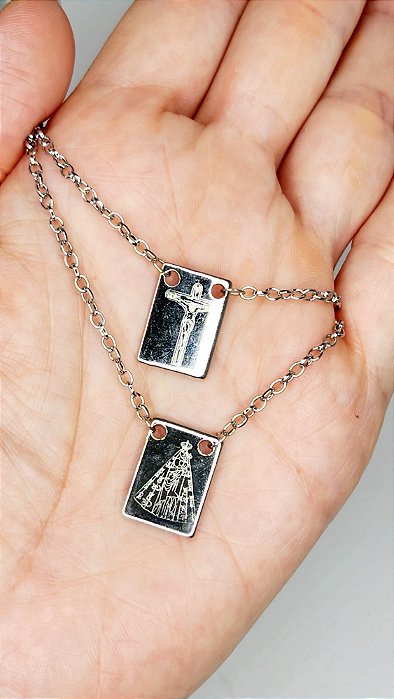 Escapulário Crucifixo e Nossa Senhora em Aço Inoxidável