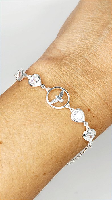 Pulseira Espirito Santo e Corações em Prata 925