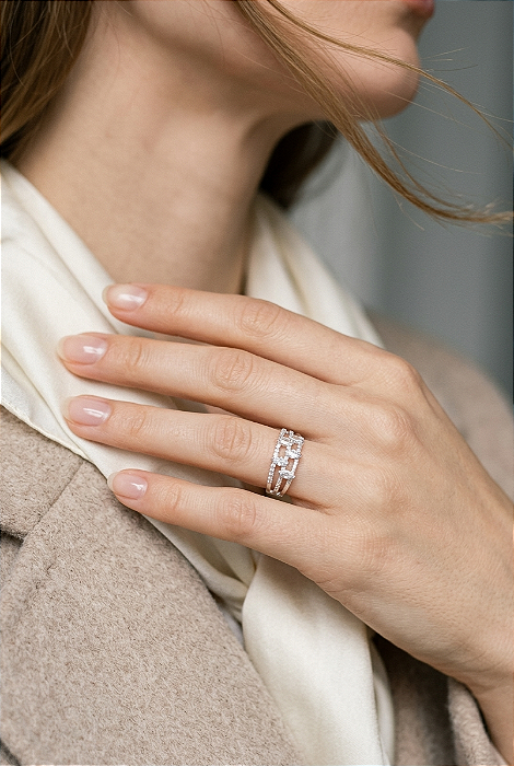 Anel Três Fios com Pontos de Luz, Cravejado em Prata 925