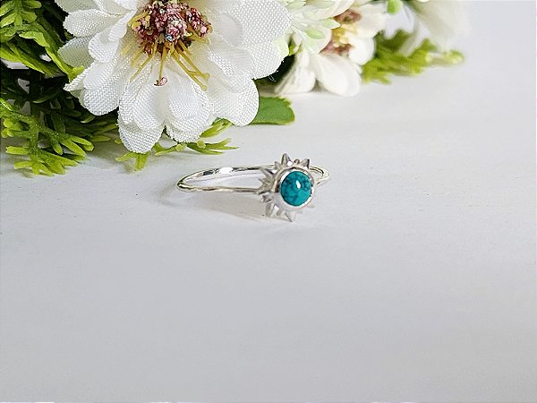 Anel Sol Turquesa Natural em Prata 925 - Aro 22