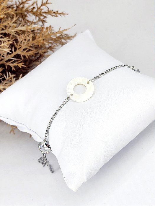 Pulseira Círculo em Madrepérola e Pontos de Luz em Aço Inoxidável