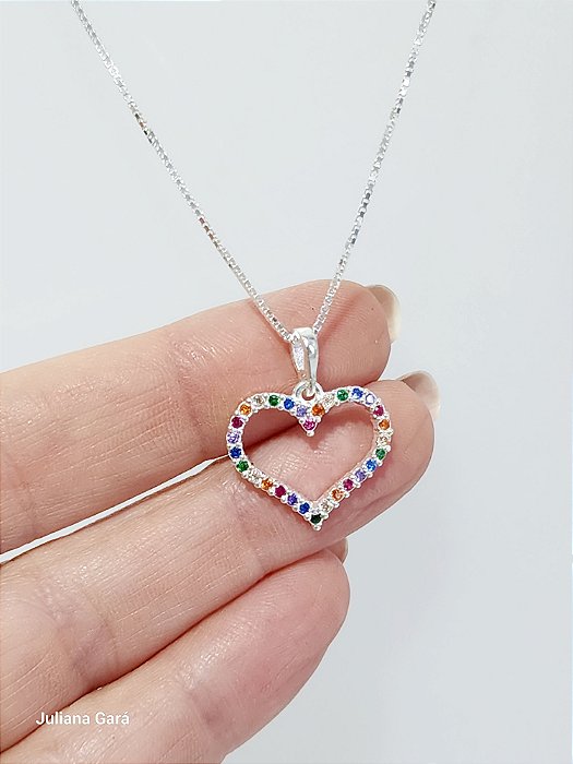 Colar com Pingente de Coração Colorido em Pata 925