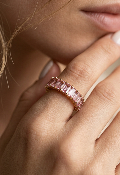 Anel Meia Aliança Baguetes Rosa