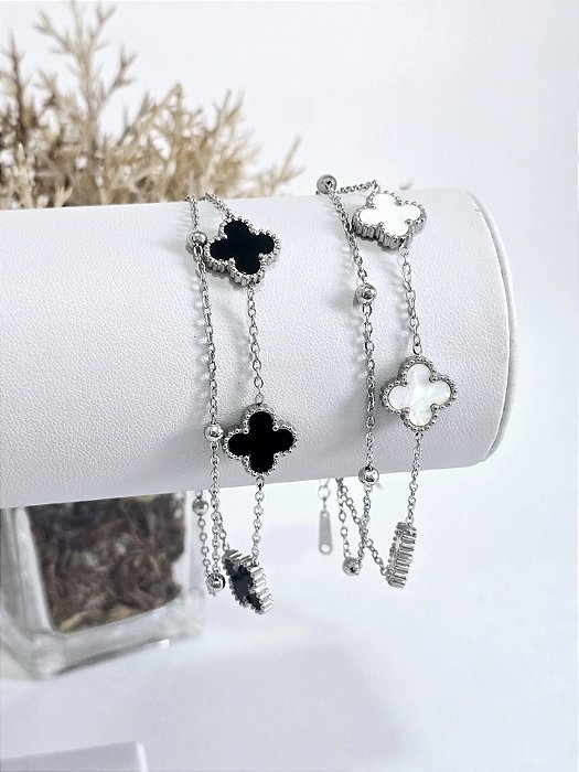 Pulseira Dupla Trevos e Bolinhas em Aço Inoxidável