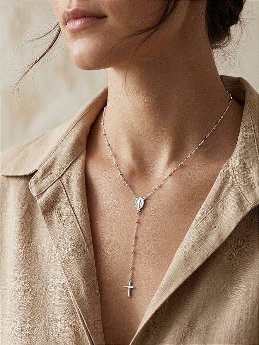 Colar Terço Gravatinha em Prata 925 Legítima – Nossa Senhora das Graças e Cruz