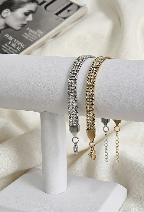 Pulseira Feminina Cravejada 2 Fileiras Zircônia em Aço Inoxidável