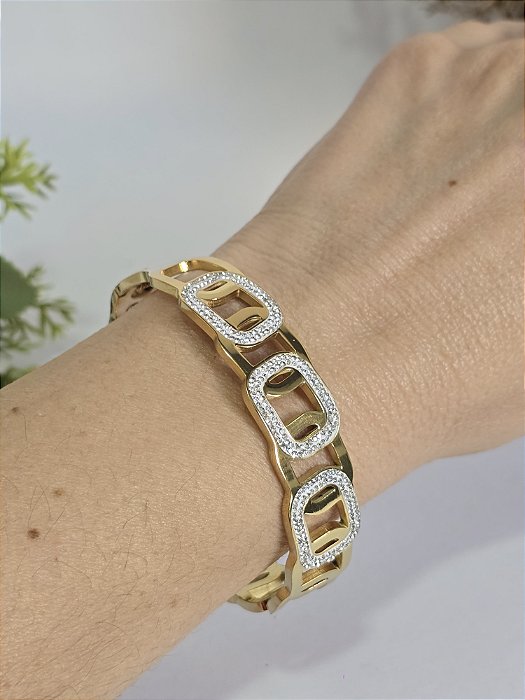 Bracelete Elos com Zircônias em Aço Banhado a Ouro
