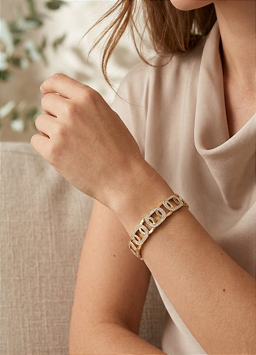 Bracelete Elos com Zircônias em Aço Banhado a Ouro