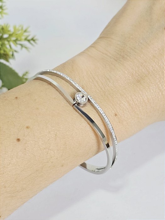 Bracelete Duplo com Zircônias e Ponto de Luz em Aço Inoxidável
