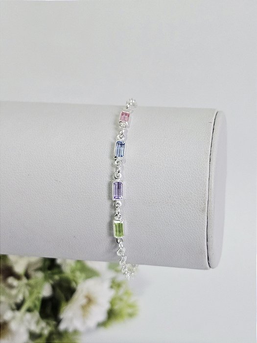 Pulseira Zircônias Retangulares Coloridas em Prata 925