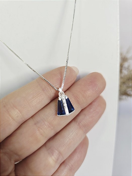 Colar Nossa Senhora com Manto em Zircônia Azul