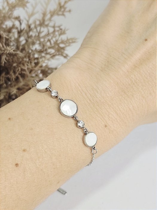 Pulseira Madrepérola e Zircônias em Aço Inoxidável