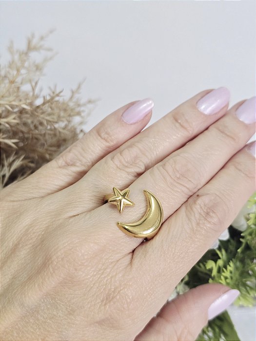 Anel Lua e Estrela em Aço Inoxidável