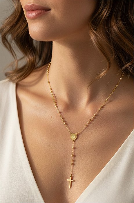 Colar Terço em Aço Inoxidável Banhado a Ouro