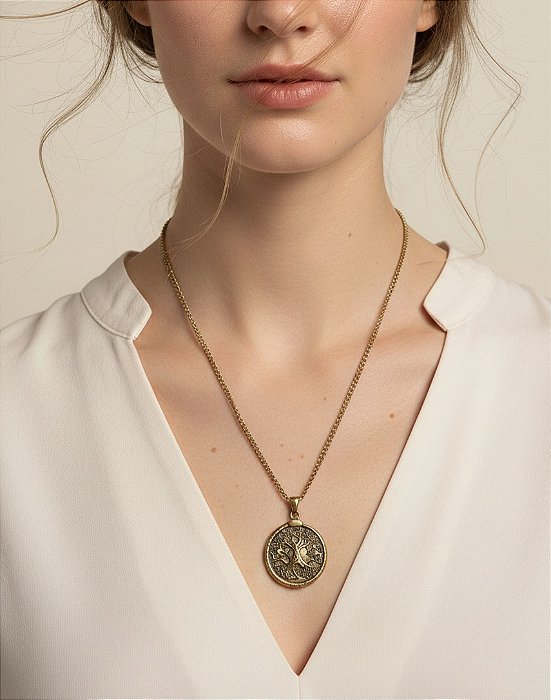 Colar Medalhão Árvore da Vida e Pentagrama Nórdico Aço Inox