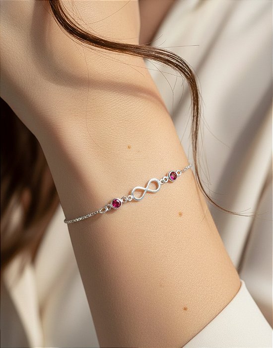 Pulseira Infinito Zircônias Rosa em Prata 925
