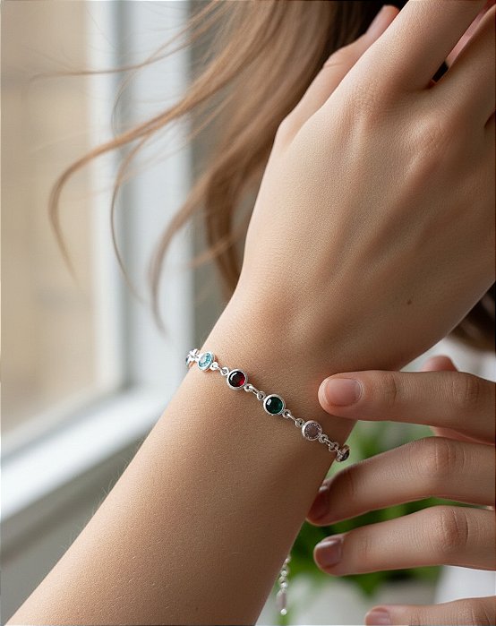 Pulseira Zircônias Coloridas Redondas Prata 925
