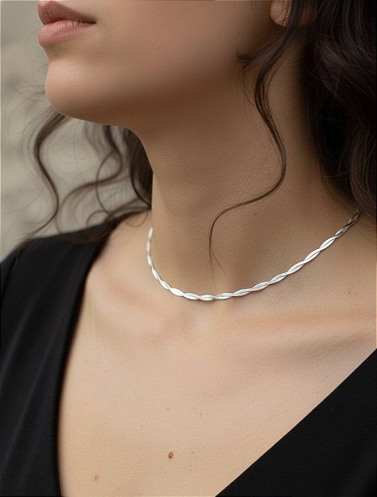 Colar Choker Trançado Dois Fios em Prata 925