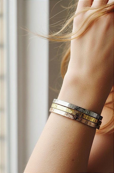 Trio de Braceletes Rígidos Banhado a Ouro Aço Inox