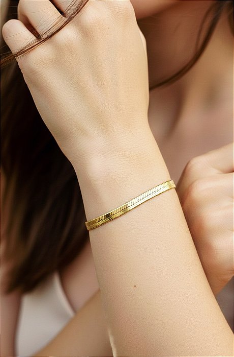 Pulseira Fita Lisa Banhado a Ouro Aço Inox