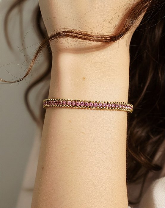 Pulseira Cravejada Zircônias Coloridas Banhado a Ouro