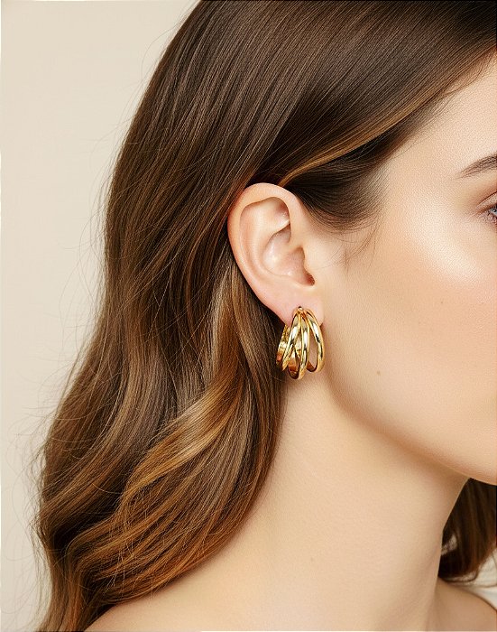 Brinco Argola Tripla Lisa Banhado a Ouro Aço Inox