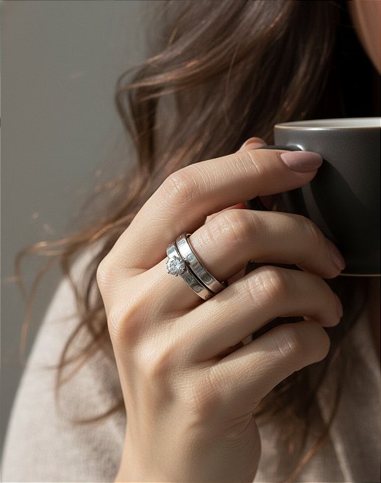 Anel Duplo com Solitário em Aço Inoxidável