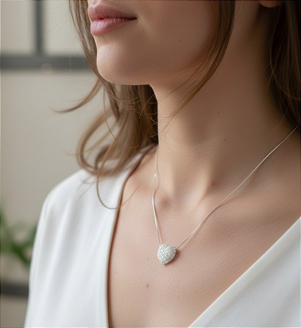 Colar Coração Rendado em Prata 925