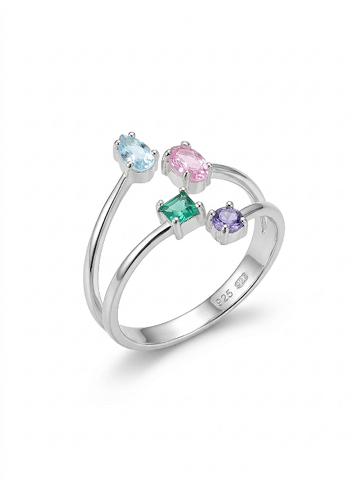 Anel Ajustável Prata 925 com Pedras Coloridas