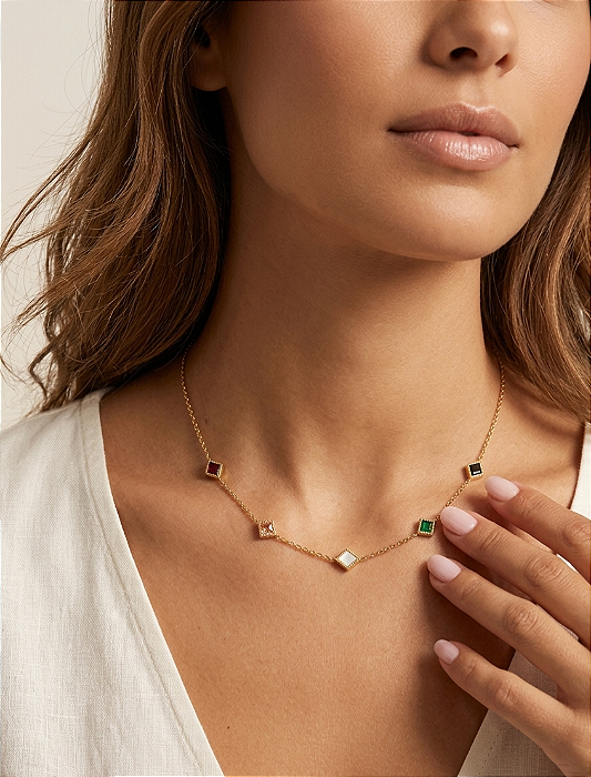 Choker Losangos Coloridos em Aço Inox com Banho PVD Ouro 18k