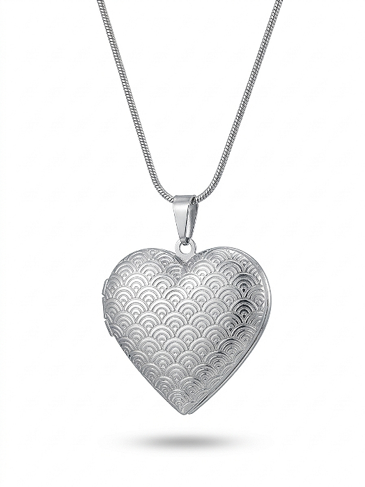 Colar Relicário Coração Trabalhado em Aço Inoxidável 316L
