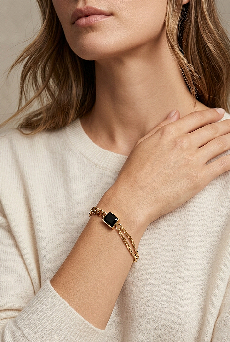 Pulseira Elos com Cristal Retangular Banhada a Ouro