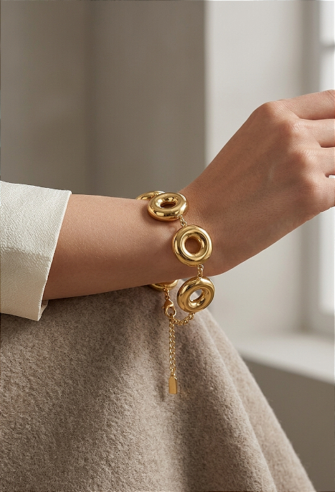 Pulseira Elos Redondos Inflados Banhada a Ouro