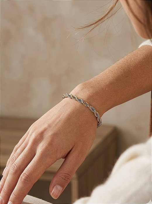 Pulseira Cordão Baiano Mista em Aço Inoxidável