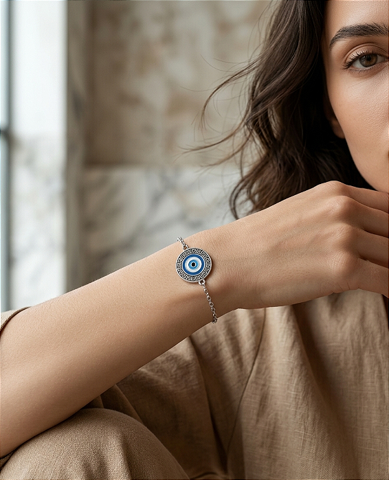 Pulseira Olho Grego e Chave Grega em Aço Inoxidável