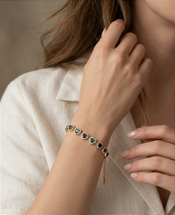 Pulseira Feminina Coração Cravejado em Aço Inoxidável Banhado a Ouro