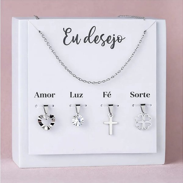 Kit Colar Eu Desejo em Aço Inoxidável com 4 Pingentes Intercambiáveis