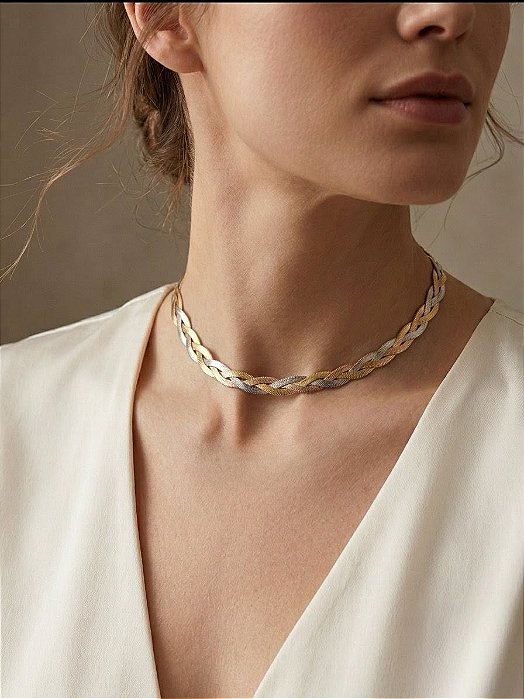 Colar Choker Trançado Tricolor (Dourado, Prateado e Ouro Rosé)