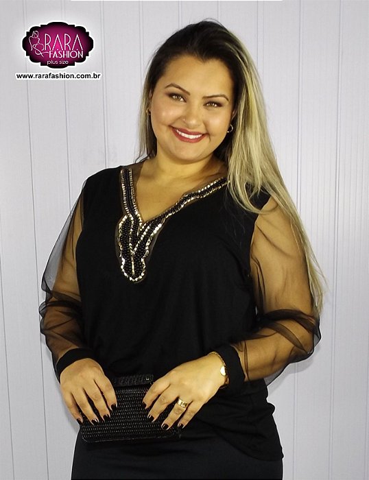 Blusa Preta Manga Longa Em Tule Com Pedrarias Plus Size