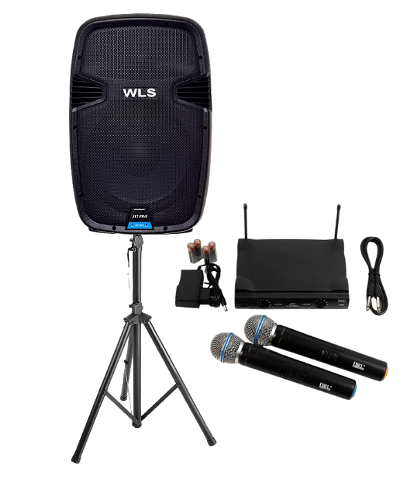 Caixa WLS J12 PRO Ativa + 2 Microfones s/fio + Pedestal