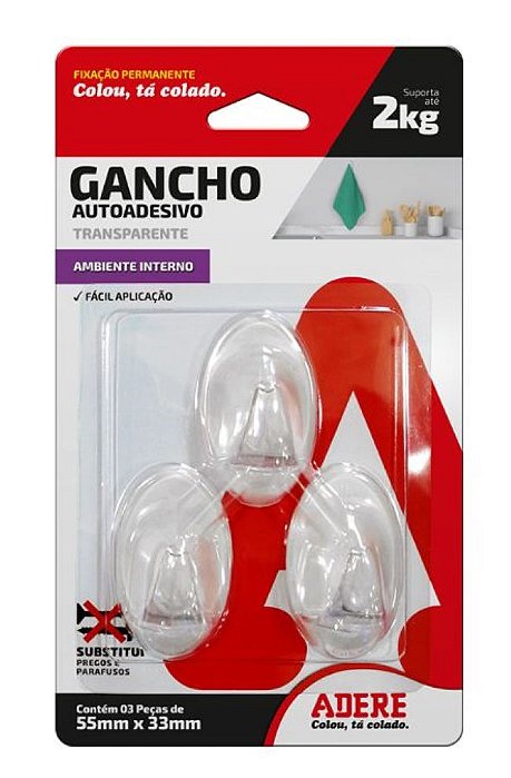 Gancho Autoadesivo Médio Adere Transparente cartela c/3 unid