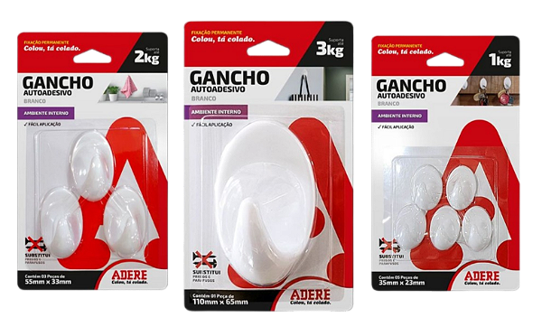 Gancho Autoadesivo Adere cor branco Kit com 9 unidades