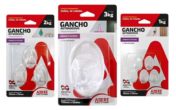 Gancho Autoadesivo Adere Transparente Kit com 9 unidades